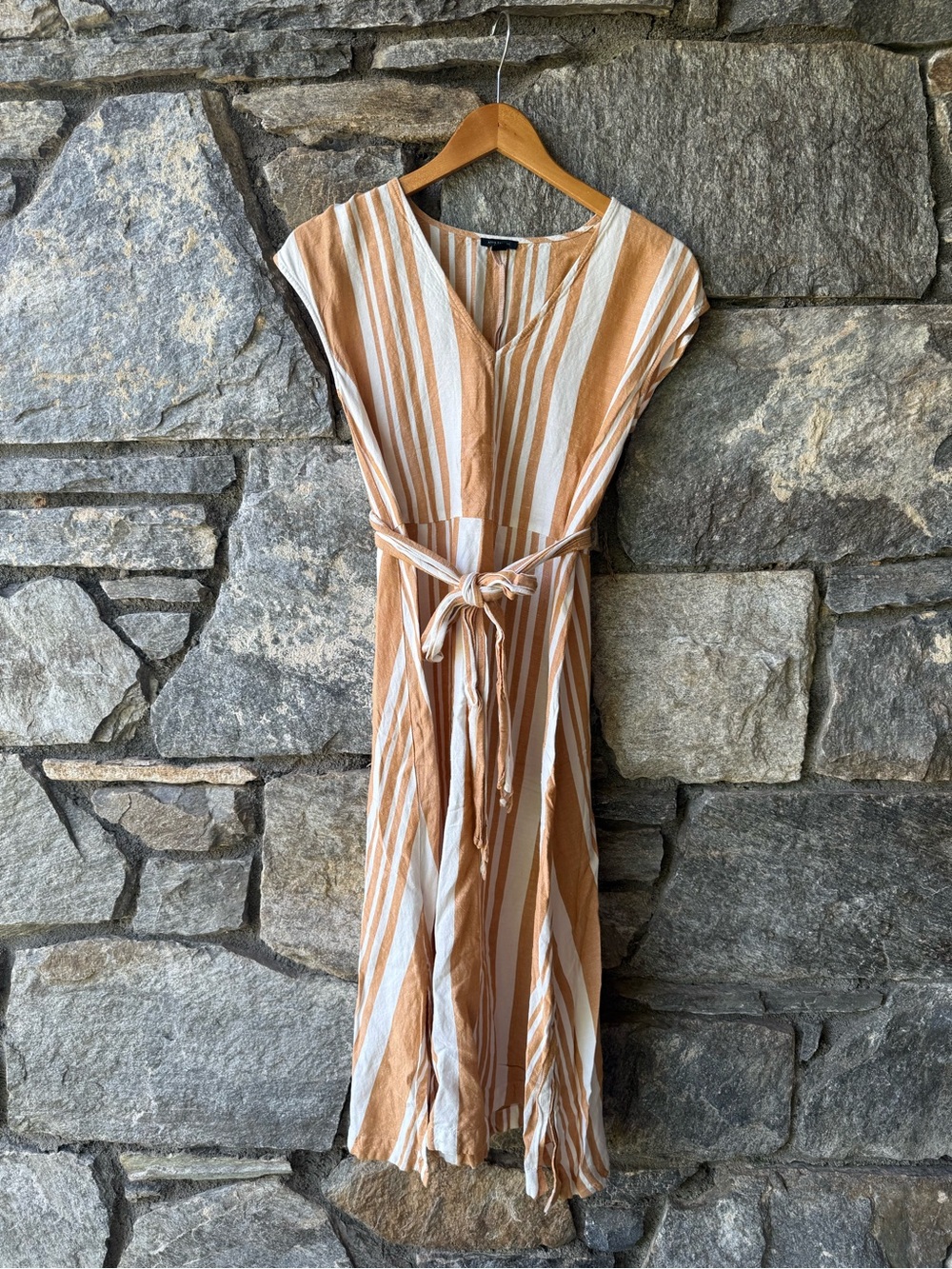 Ann Taylor Striped Tan and White Tie-Waist Midi Dress